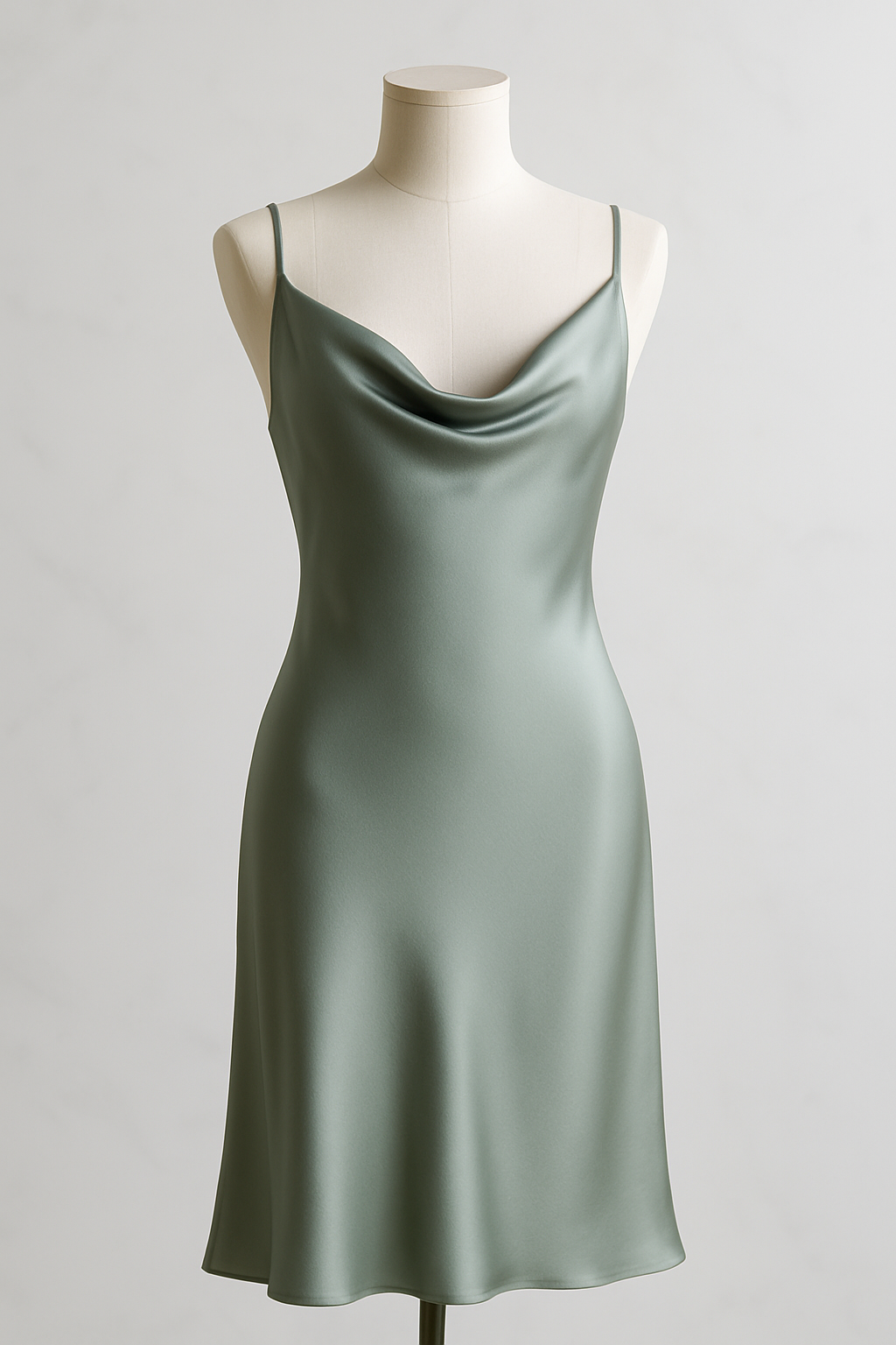 Dusty sage silk slip dress with thin straps
