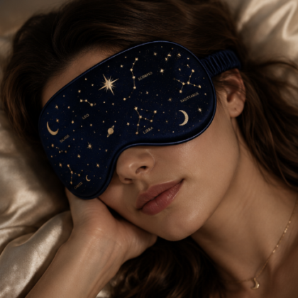 Close-up of blue constellation-themed silk eyemask