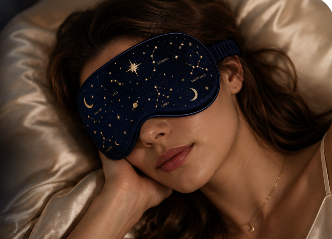 Close-up of blue constellation-themed silk eyemask