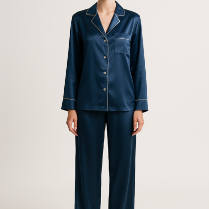 Ink blue silk pajama set with white piping
