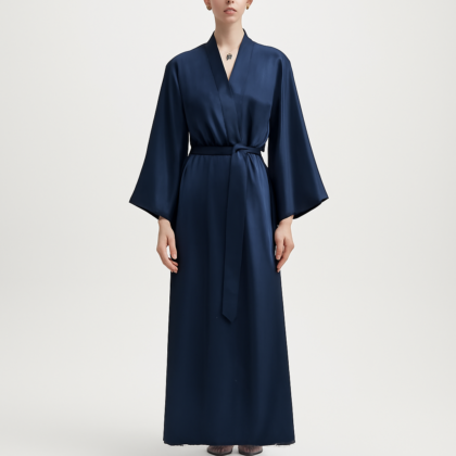Ink Blue Silk Long Kimono Robe | Serica