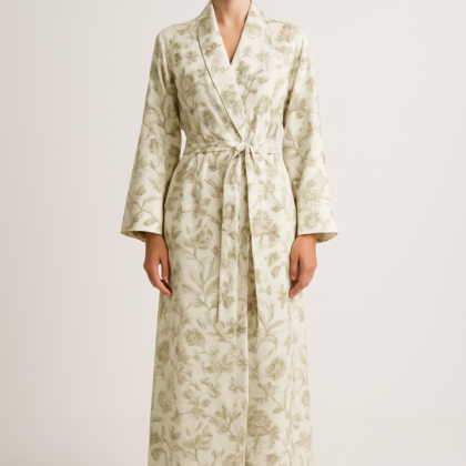Botanical Silk Long Robe | Ivory Elegance