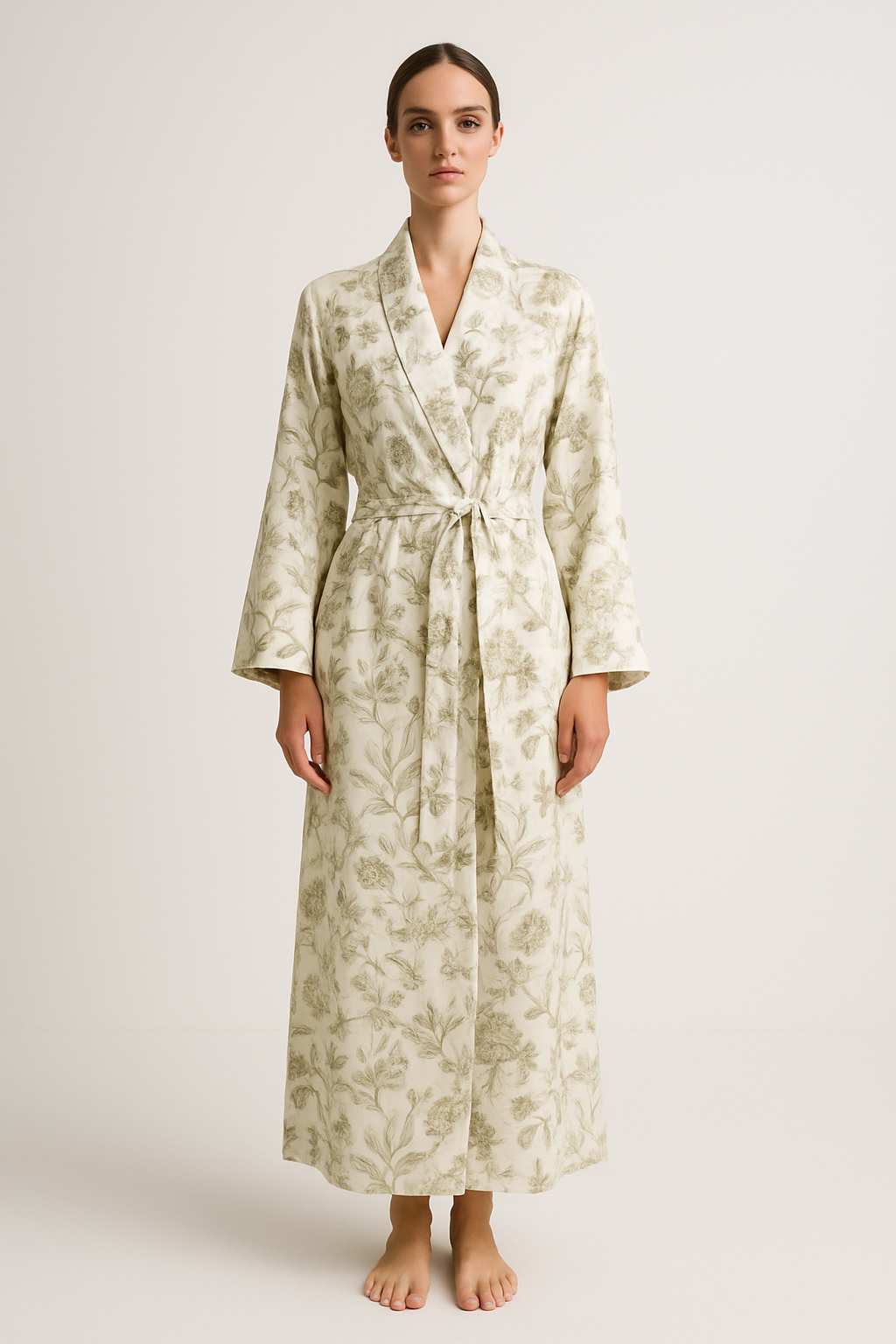Botanical Silk Long Robe | Ivory Elegance