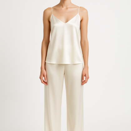 Ivory silk camisole and pant set front view