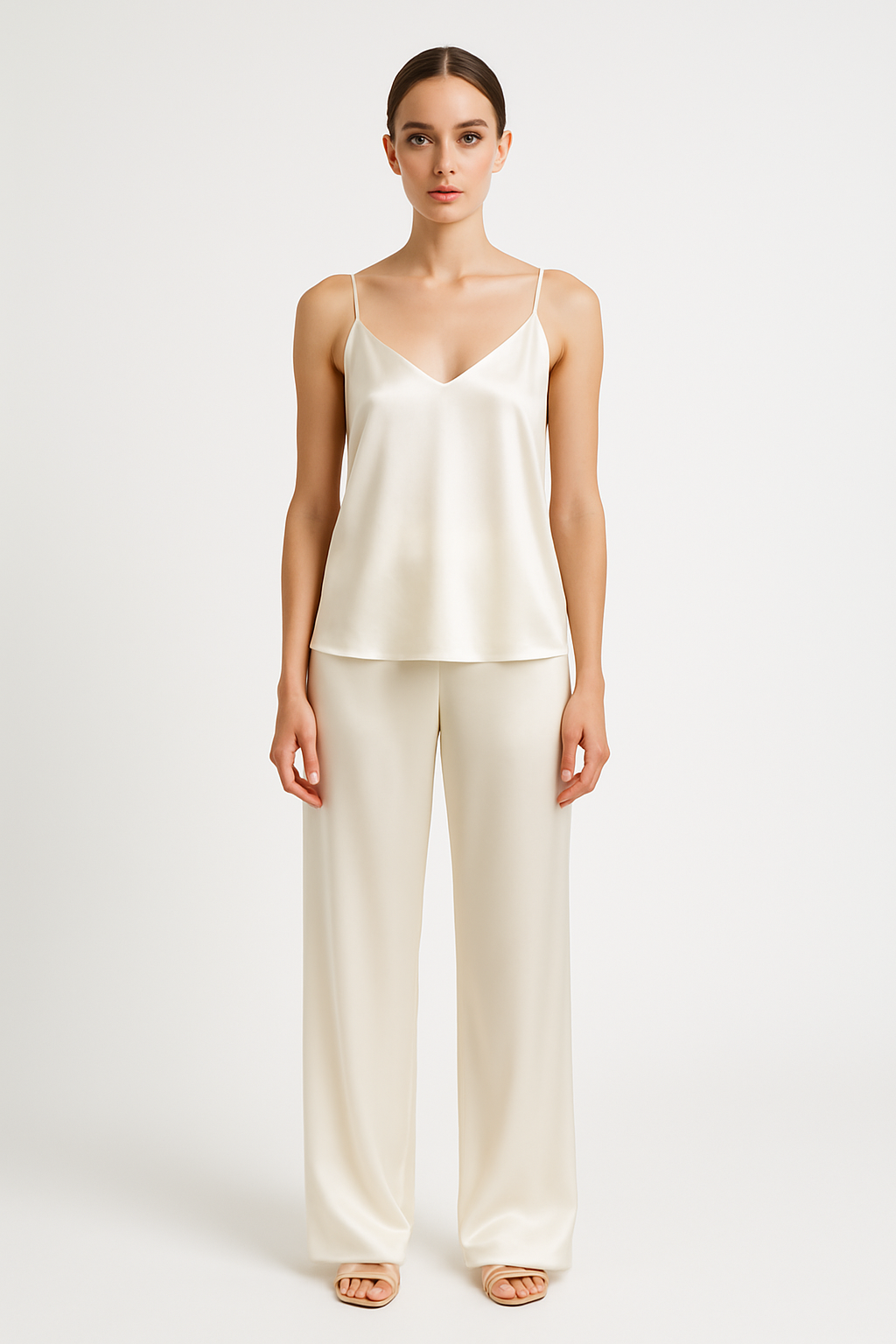 Ivory silk camisole and pant set front view