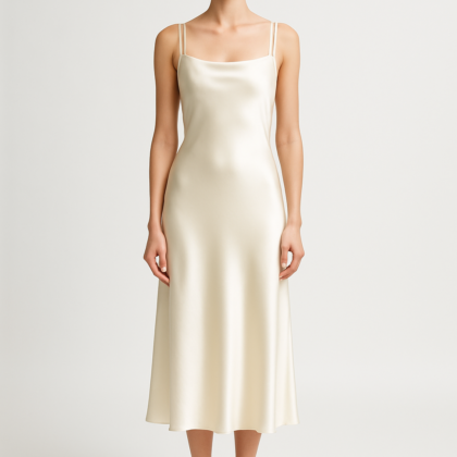 Ivory Double-Strap Silk Midi Dress - Serica