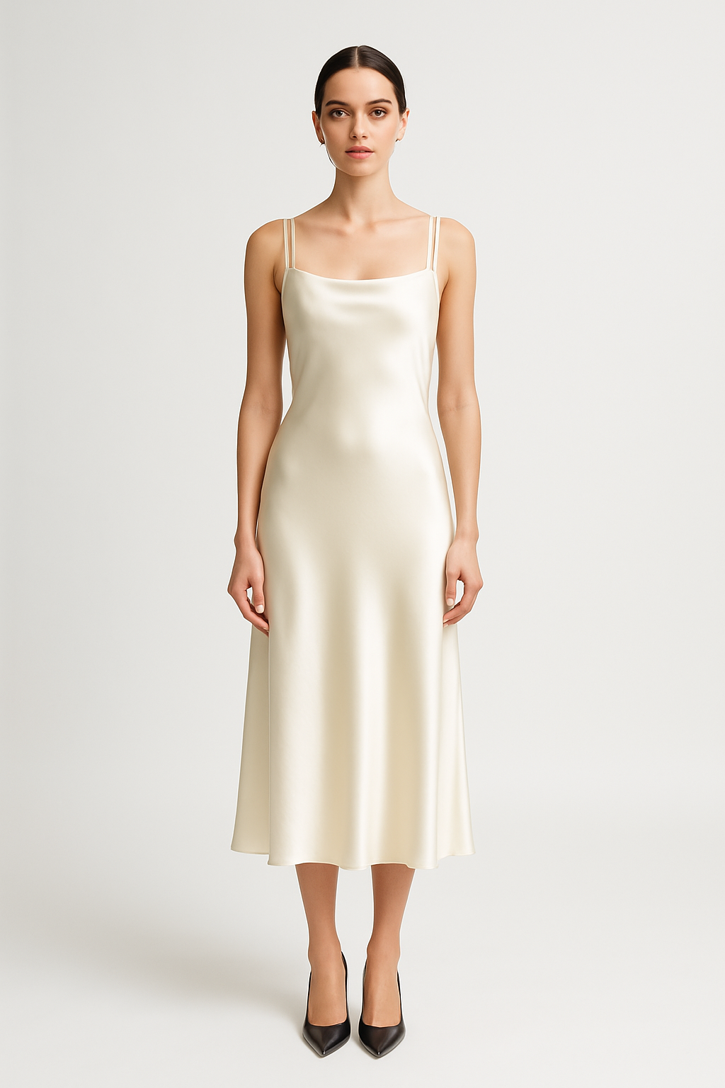 Ivory Double-Strap Silk Midi Dress - Serica