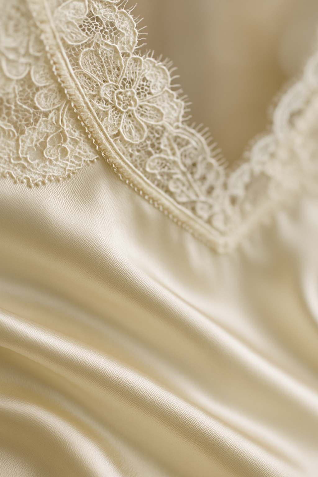 Ivory silk slip dress with floral lace detail