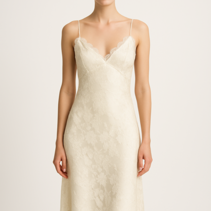Ivory Floral Lace Silk Dress - Serica House