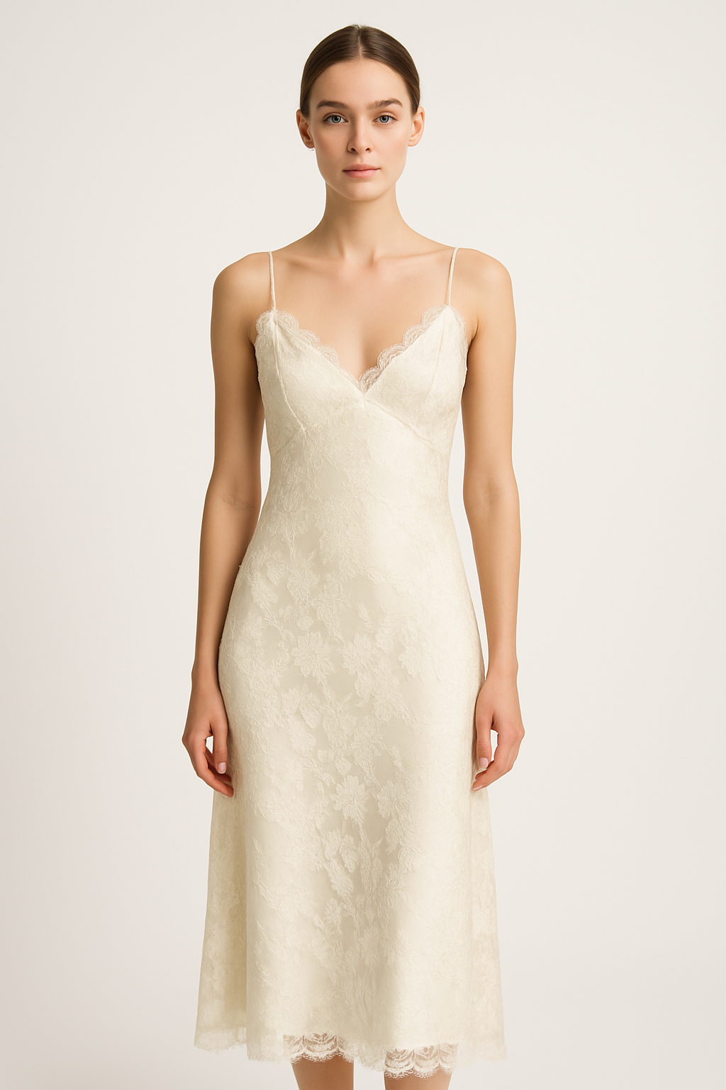 Ivory Floral Lace Silk Dress - Serica House