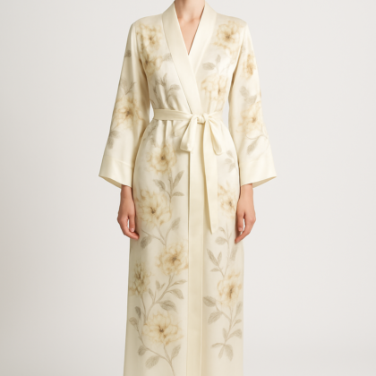 Ivory floral-print silk robe front view