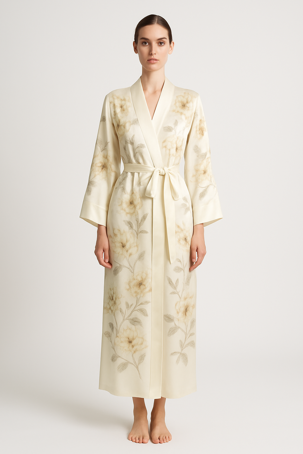 Ivory floral-print silk robe front view