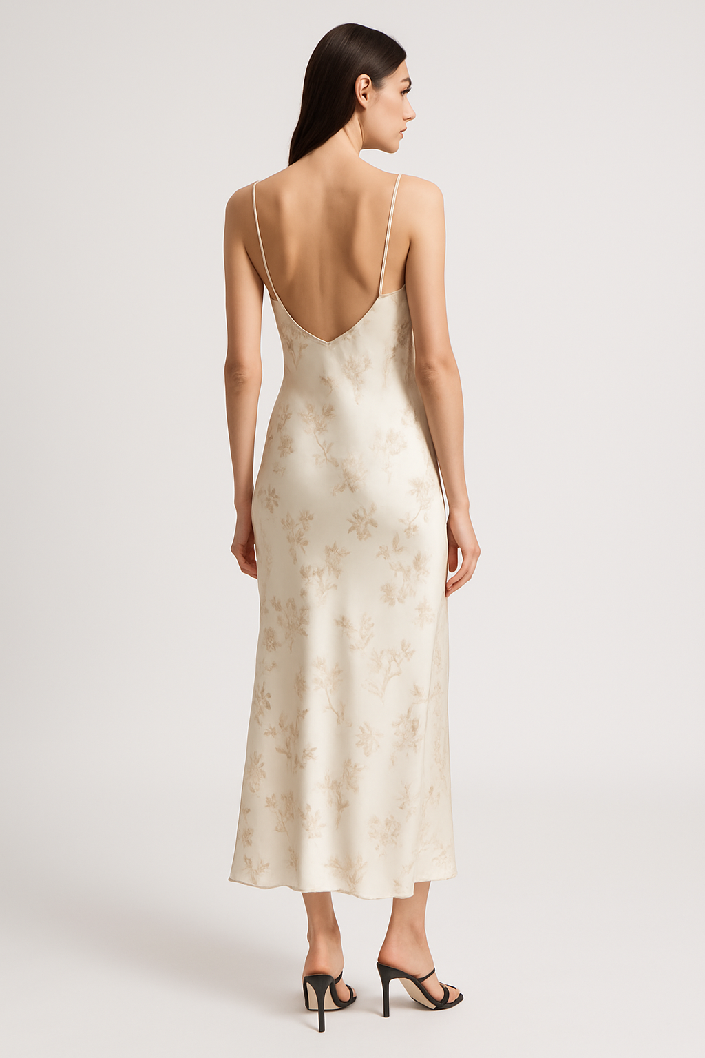 Back view ivory floral silk slip dress