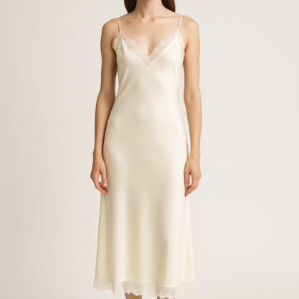 Ivory Lace-Trimmed Silk Dress | Serica House