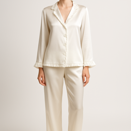 Ivory Ruffle Silk Pajama Set – Luxe Comfort – Serica