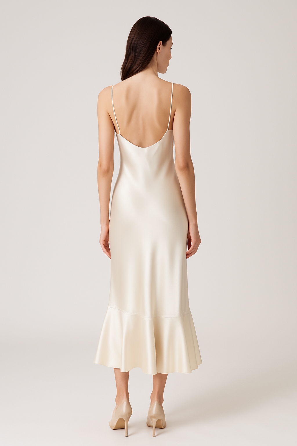 Ivory ruffled-hem silk slip dress back