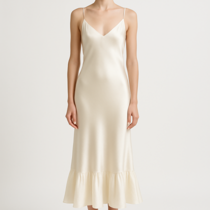 Ivory silk slip dress with ruffled hem front