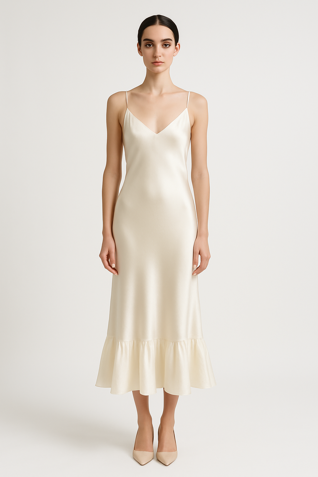 Ivory silk slip dress with ruffled hem front