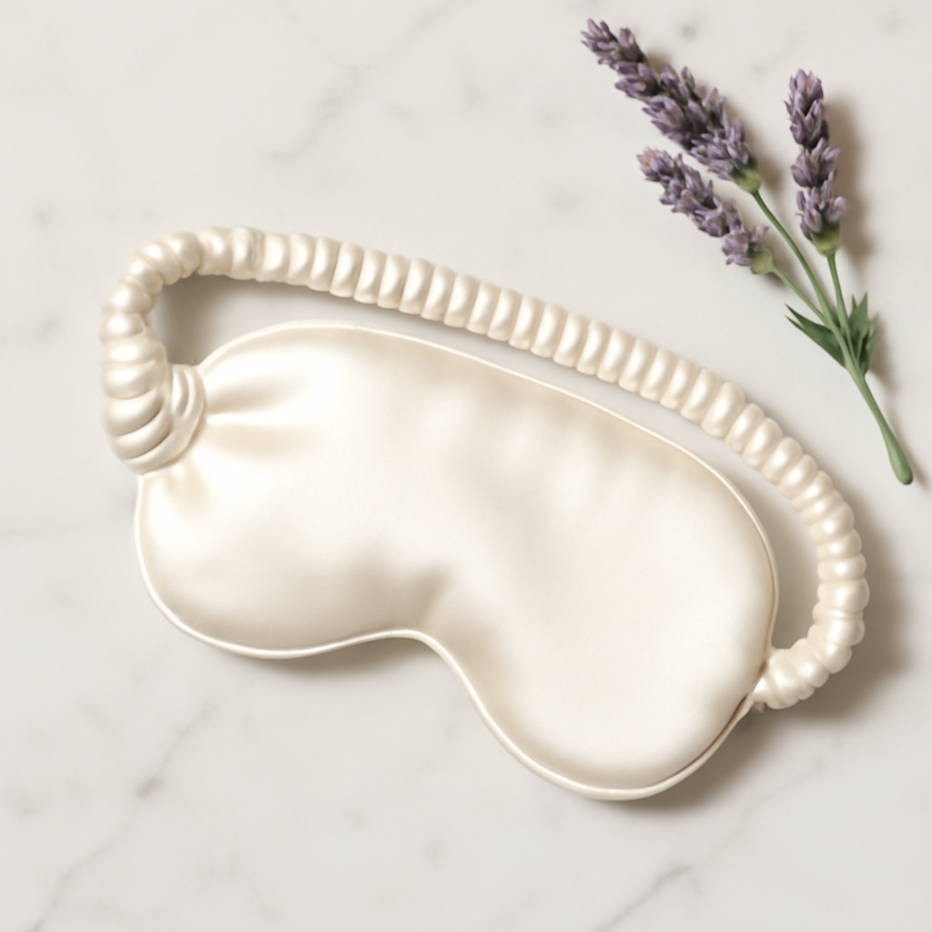 Ivory silk eye mask with lavender sprig