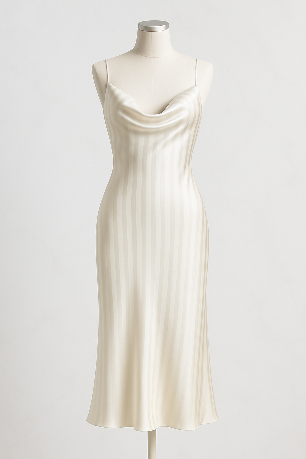 Ivory striped silk midi dress with cowl neckline