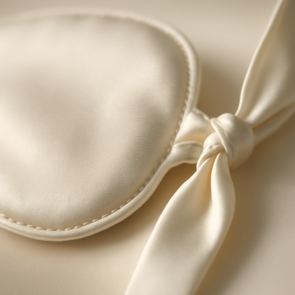 Close-up of ivory silk eye mask with knot
