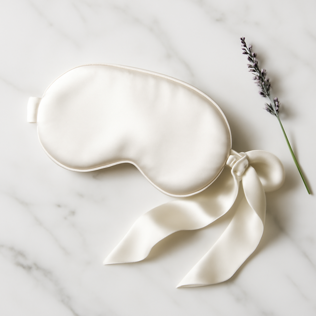 Ivory silk eye mask with lavender and tie detail