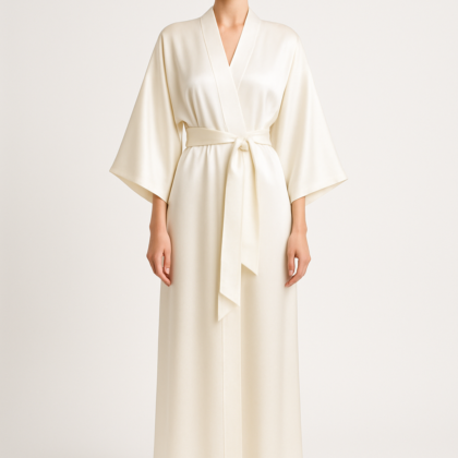Ivory wide-sleeve silk kimono front view