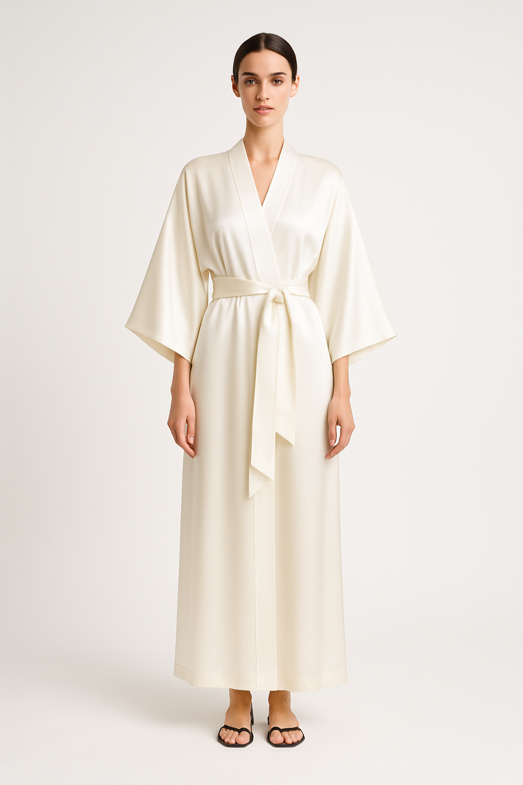 Ivory wide-sleeve silk kimono front view