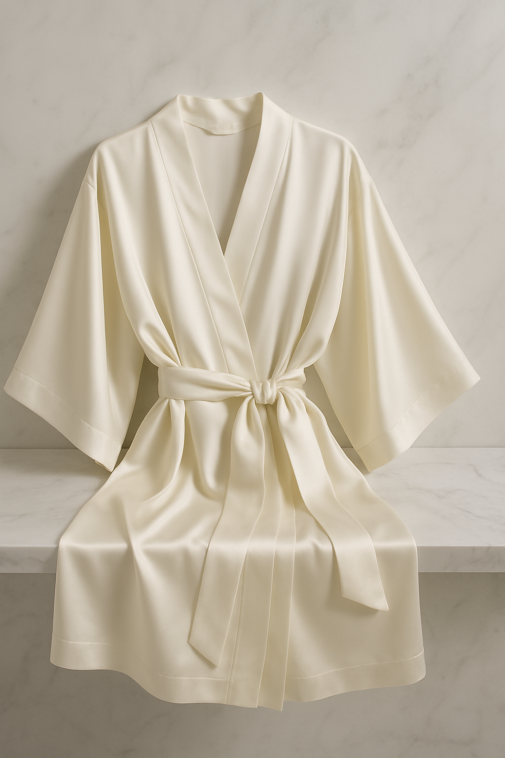 Ivory silk kimono with wide sleeves on table
