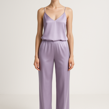 Lavender silk cami and trousers front view