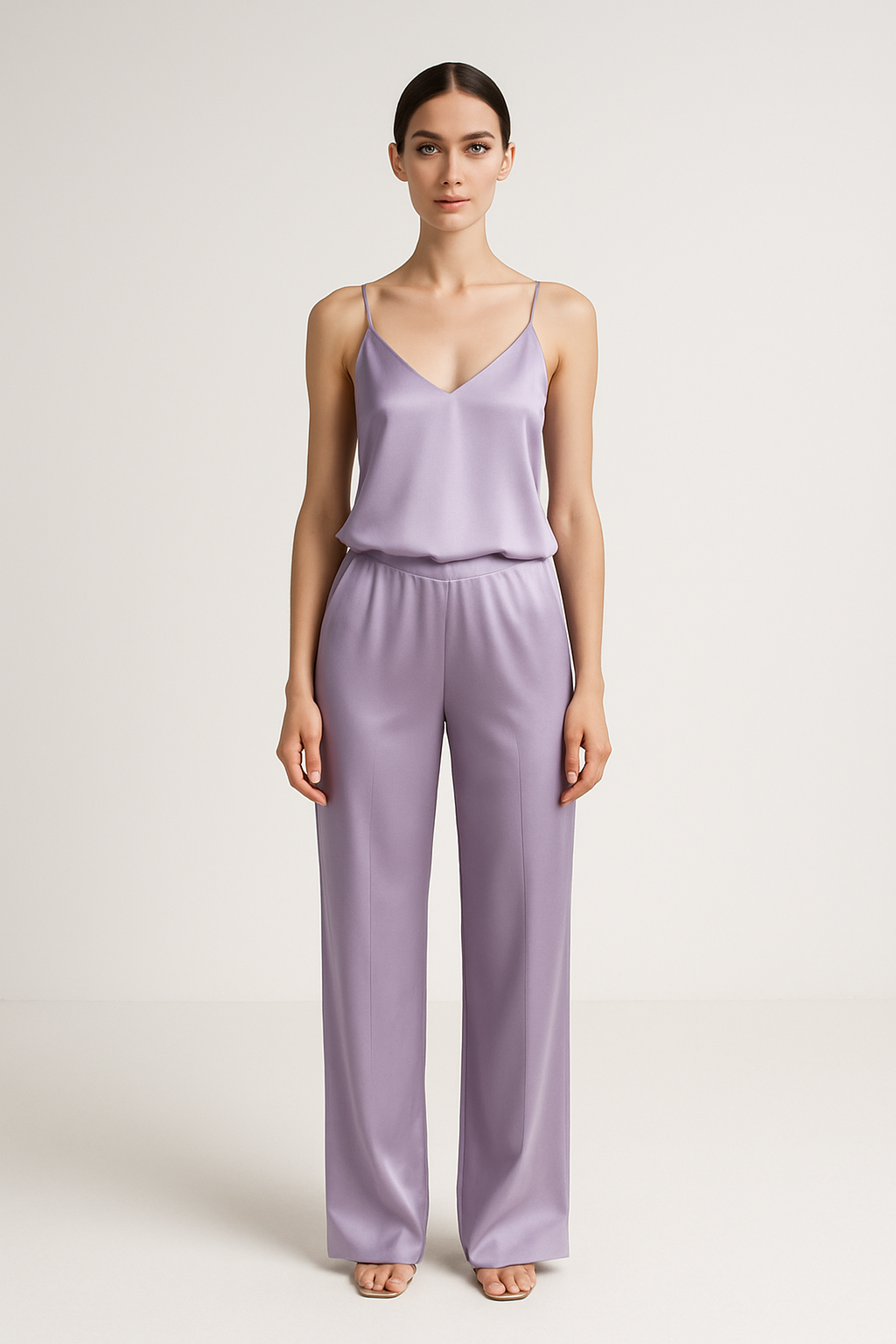 Lavender silk cami and trousers front view