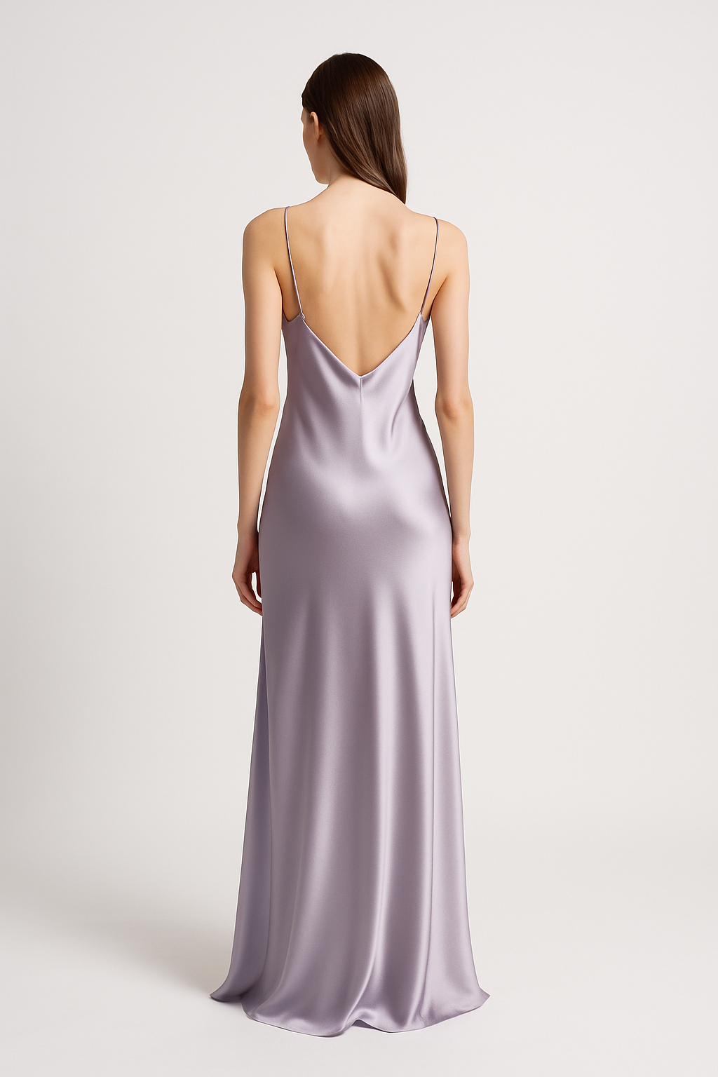 Lavender silk maxi slip dress back view
