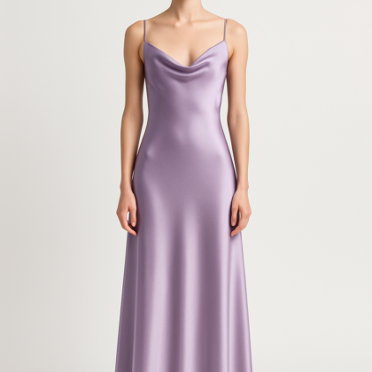 Lavender silk maxi slip dress front view