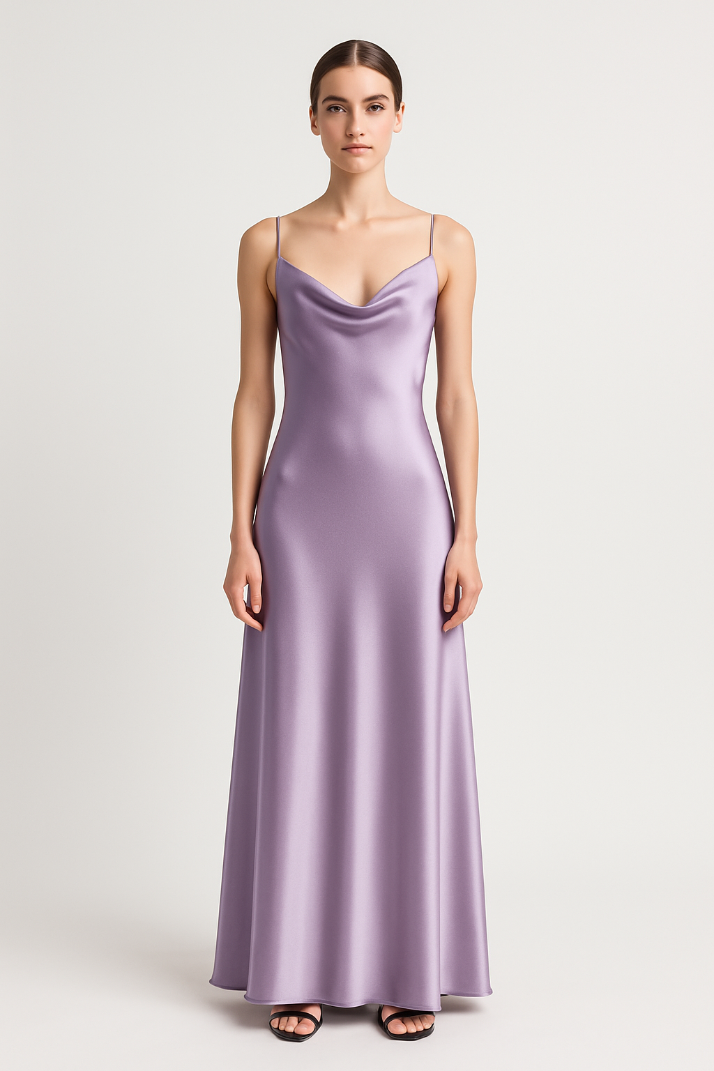 Lavender silk maxi slip dress front view