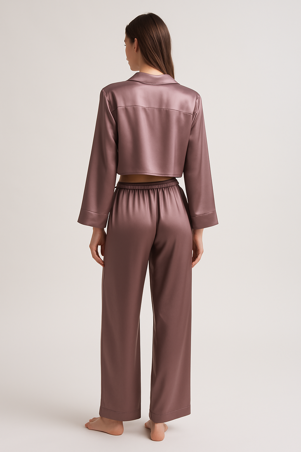 Mauve silk cropped pajama top with long sleeves, back view