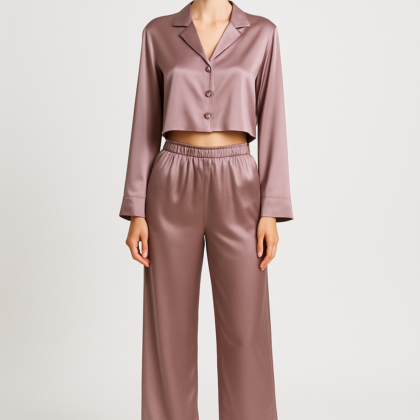Mauve silk cropped pajama set with buttons