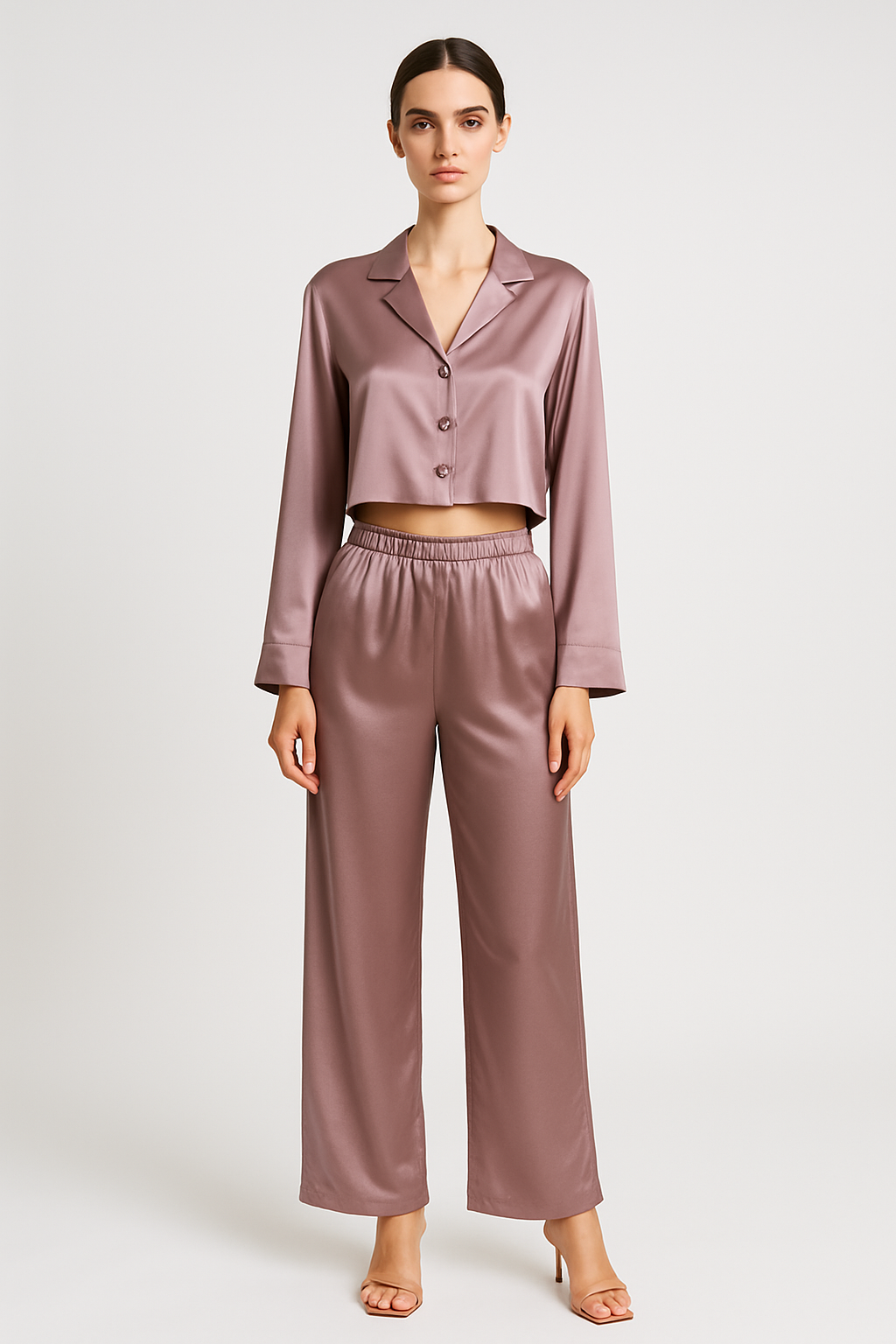 Mauve silk cropped pajama set with buttons