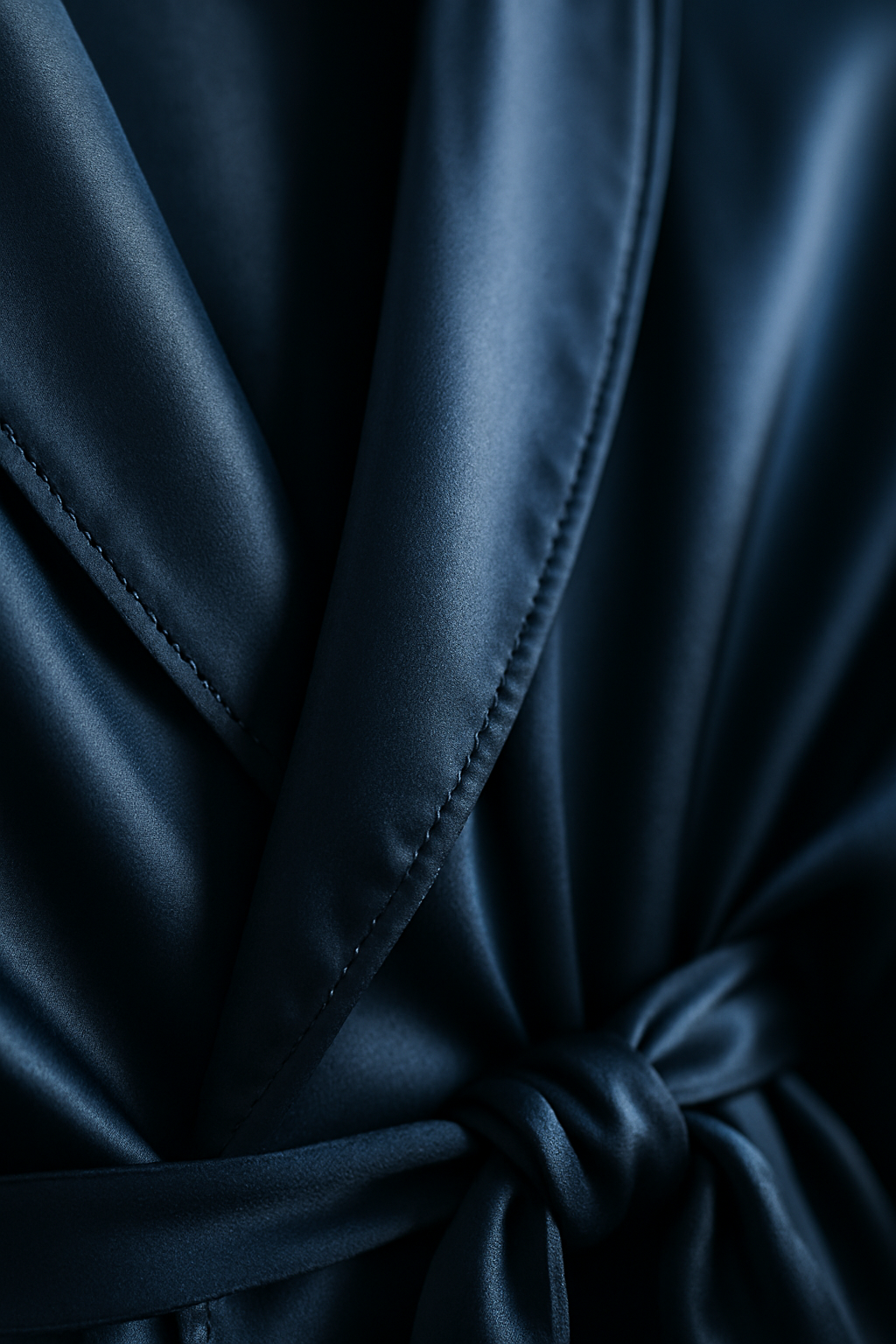 Midnight navy silk dressing gown fabric detail