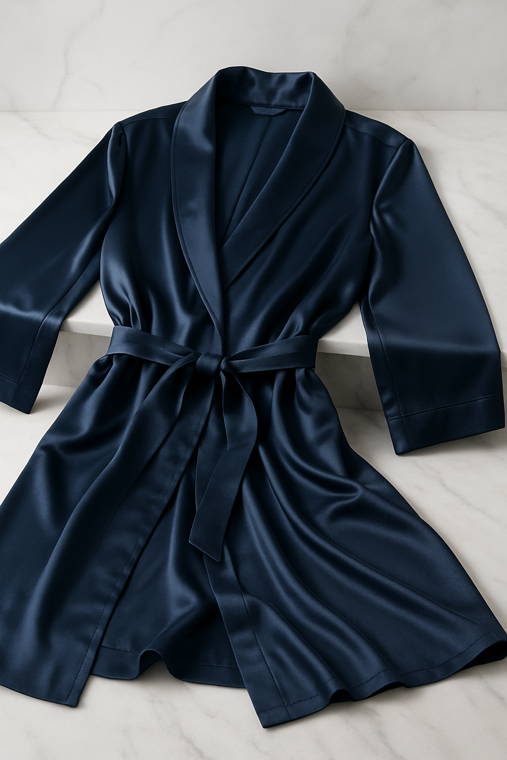 Midnight navy silk robe with tie belt