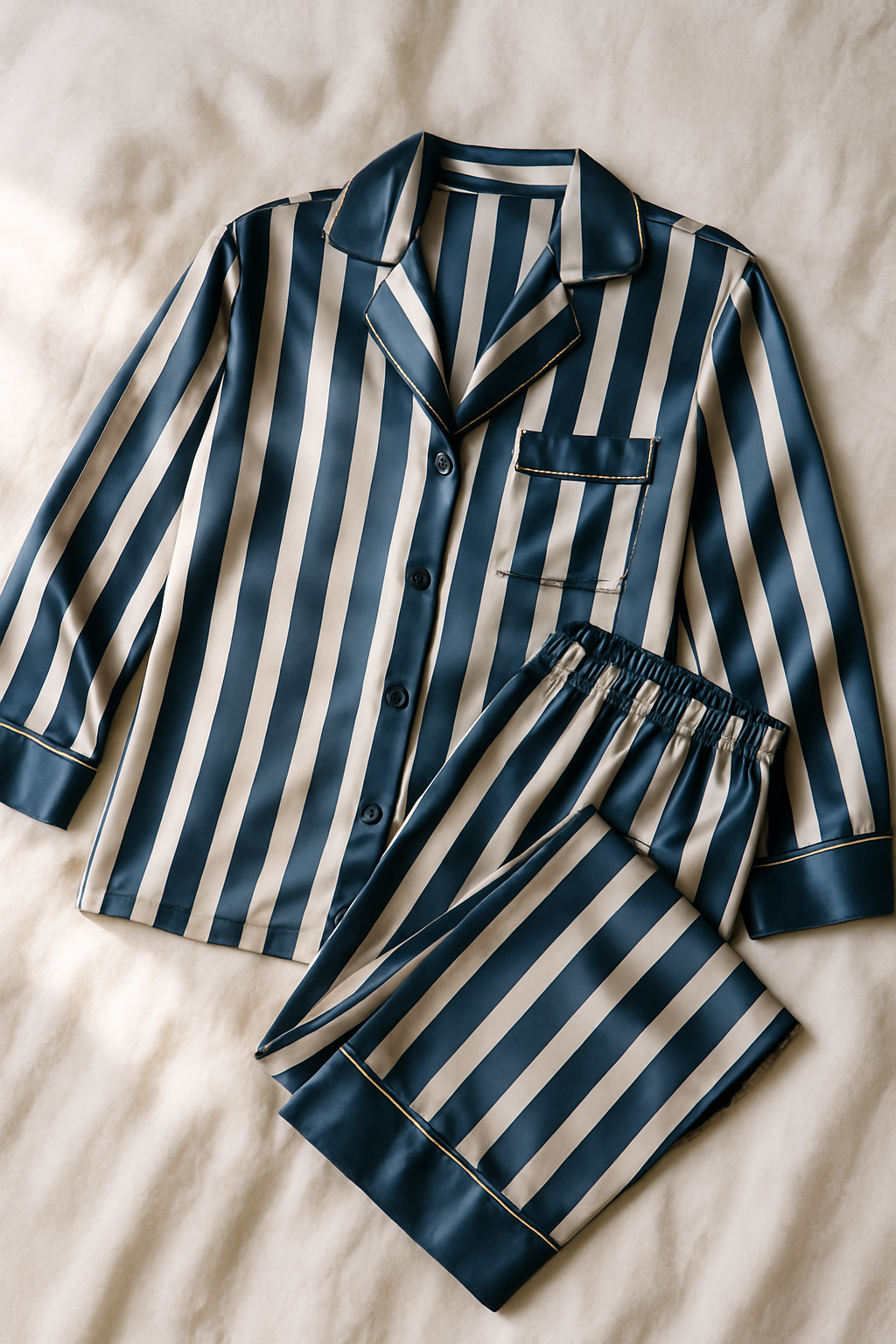 Navy and white striped silk pajama set