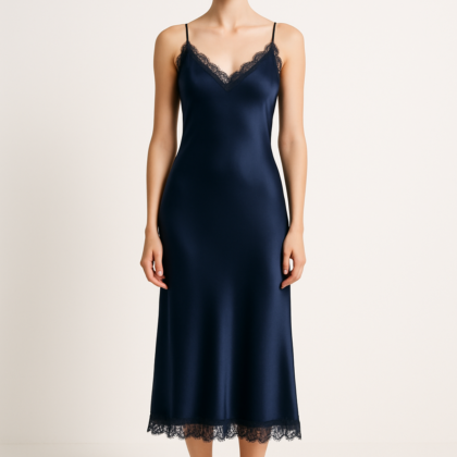 Navy Lace-Trim Silk Midi Dress | Serica House
