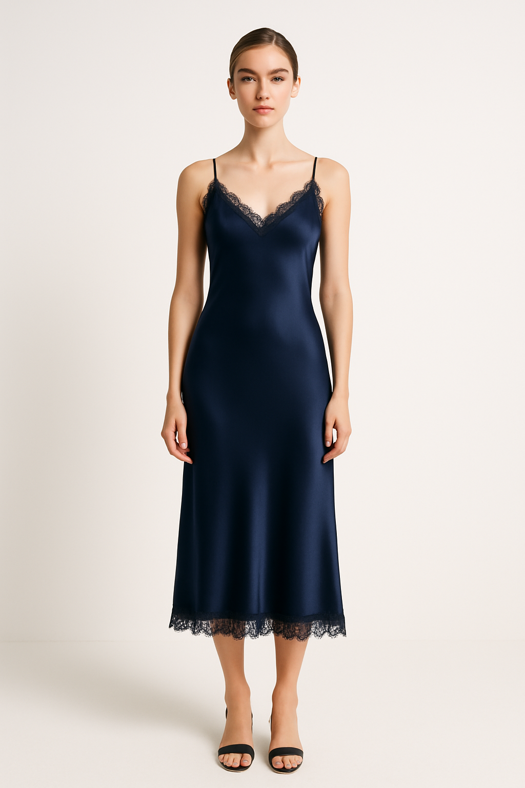 Navy Lace-Trim Silk Midi Dress | Serica House