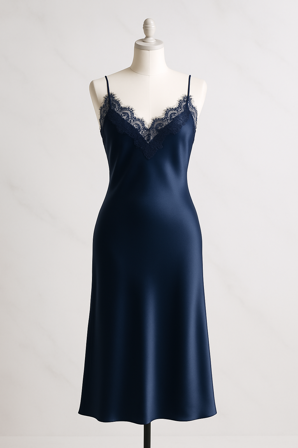 Navy Lace-Trim Silk Midi Dress | Serica House - Image 4