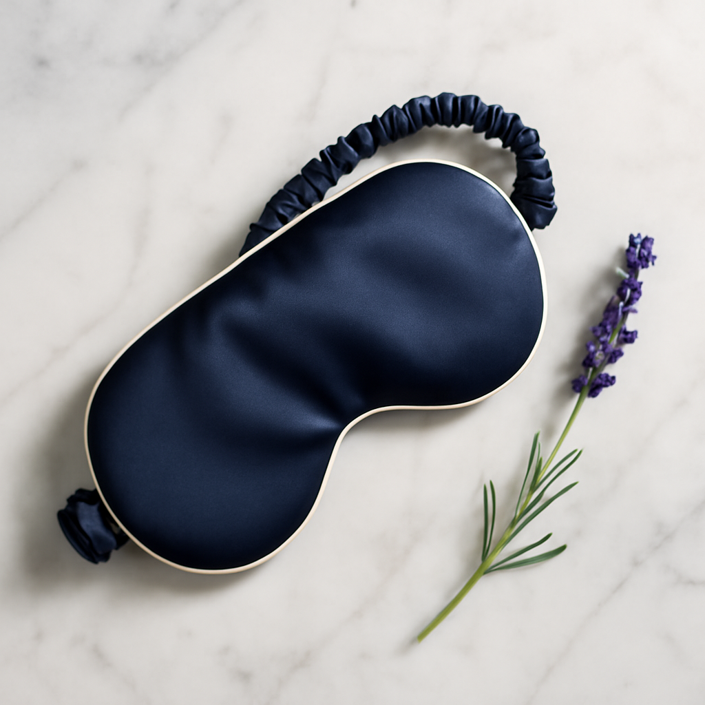 Navy silk eye mask with white piping