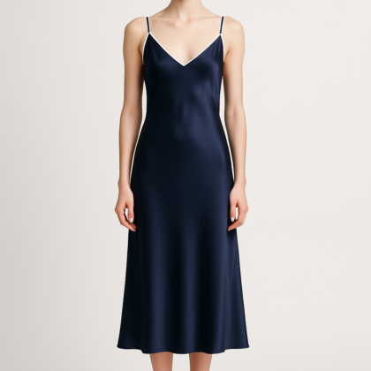 Navy Piped Silk Midi Dress | Serica House