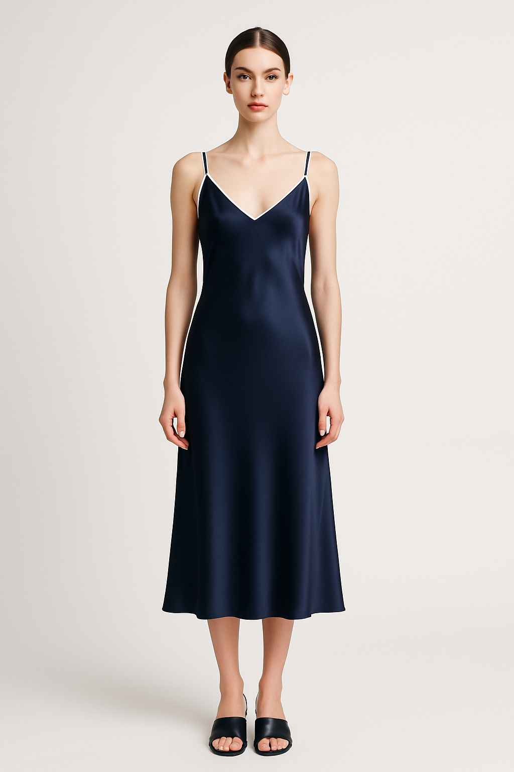 Navy Piped Silk Midi Dress | Serica House