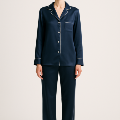 Navy silk pajama set with white piping front