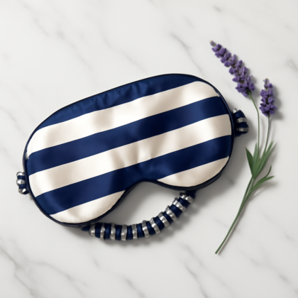 Navy and white striped silk eye mask front