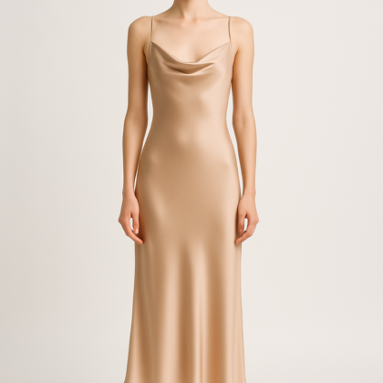 Nude silk slip dress with spaghetti straps front