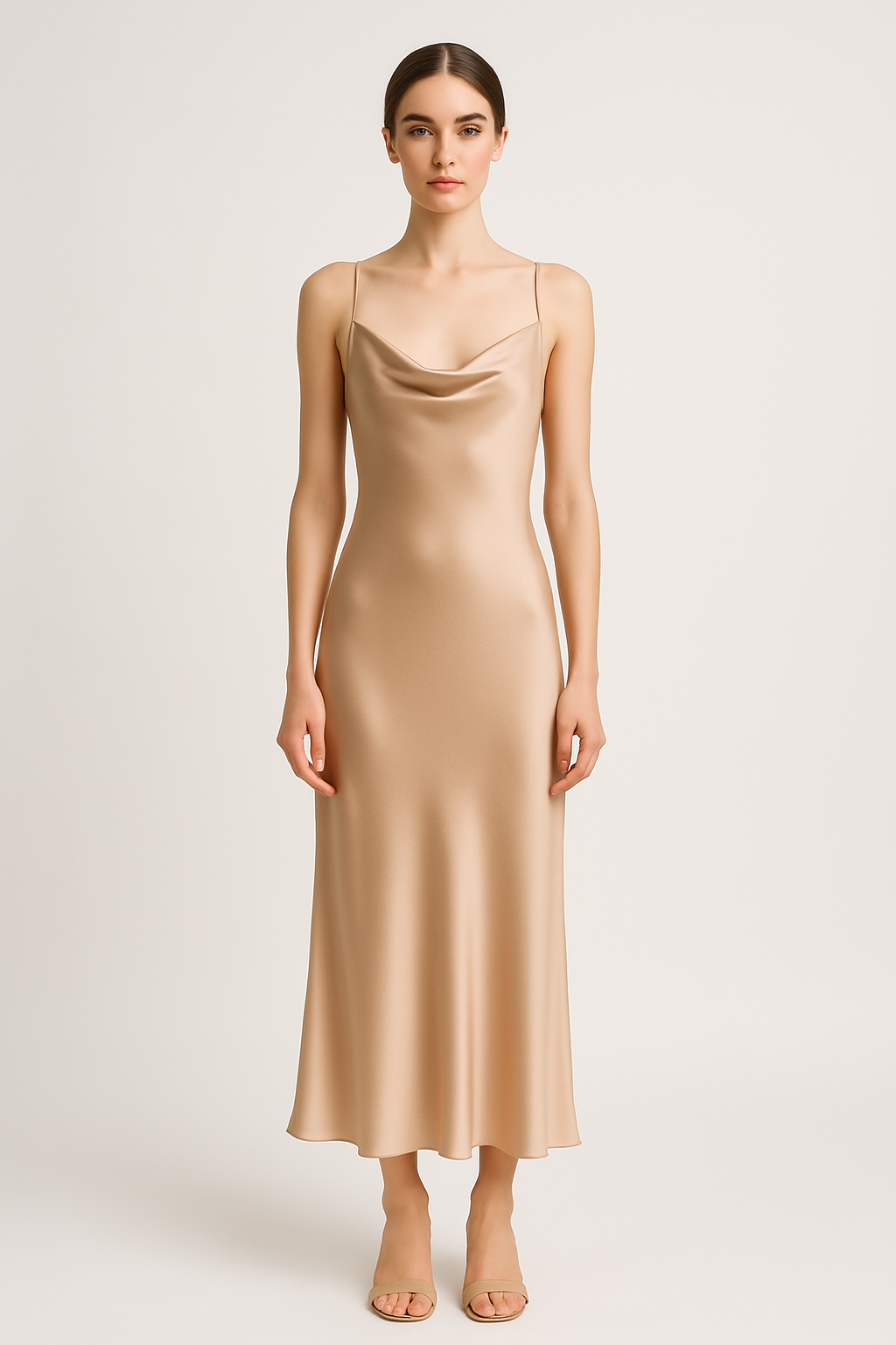 Nude silk slip dress with spaghetti straps front